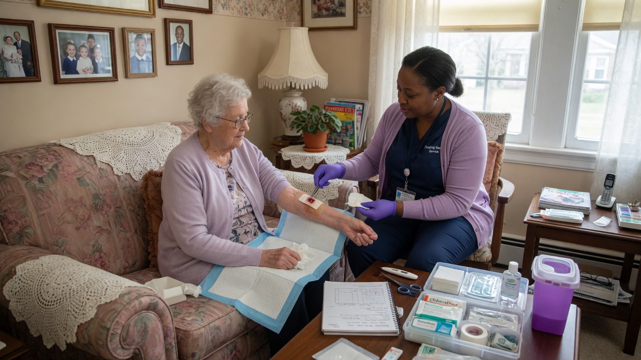 Nurse providing wound care and disease management at home
