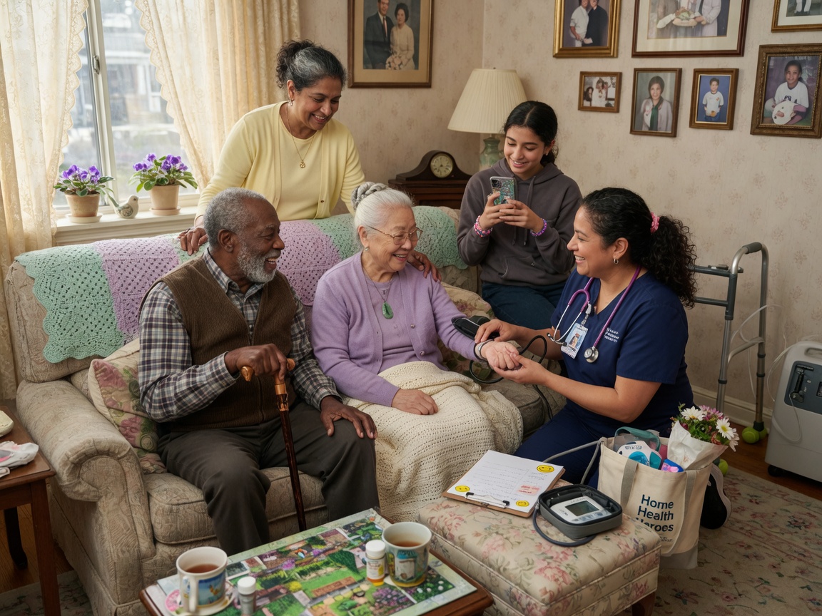 Family and caregiver together at home